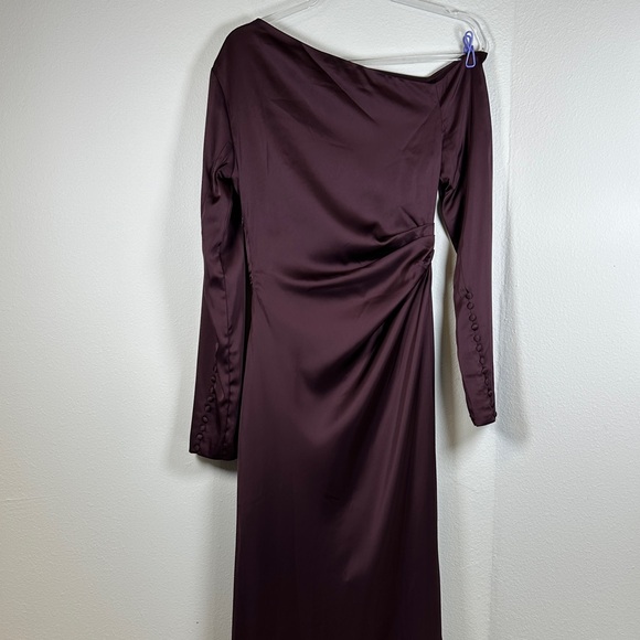 Meshki Avery Plum One Shoulder Maxi Dress S Long Sleeve Ruched Evening Gown - Picture 8 of 14